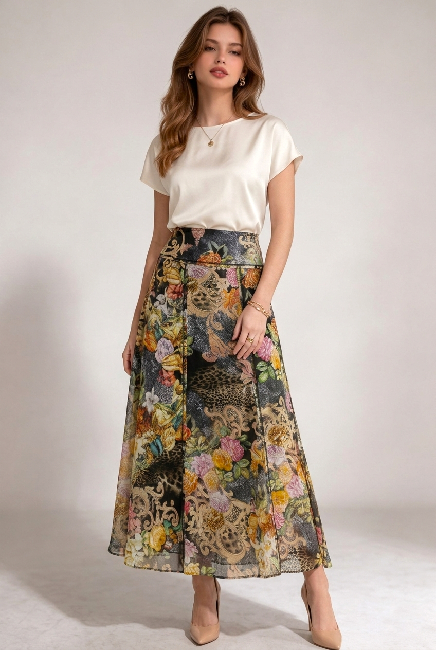 3160 Midnight Gold Floral Lined Skirt