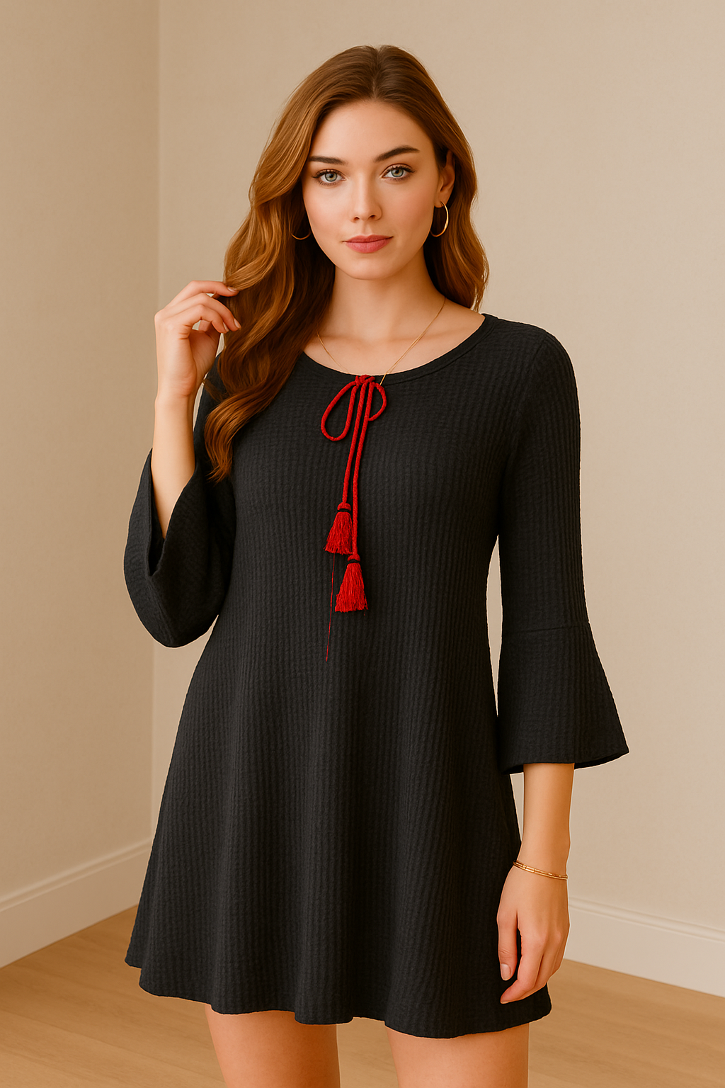 5005 Black Bell Waffle Knit Dress