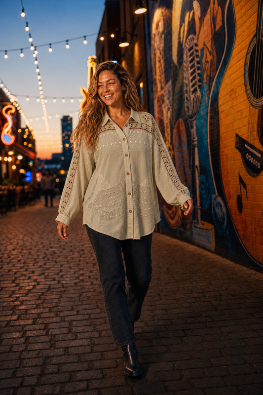 23374 Embroidered Boho Button-Down Blouse