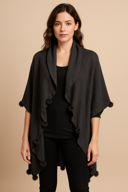 Style HY3713 Black Pom Trim Wrap Shawl