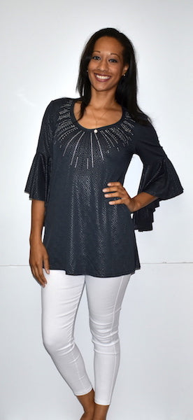 3510 Charcoal Ruffle Top w/ Sparkle Beads