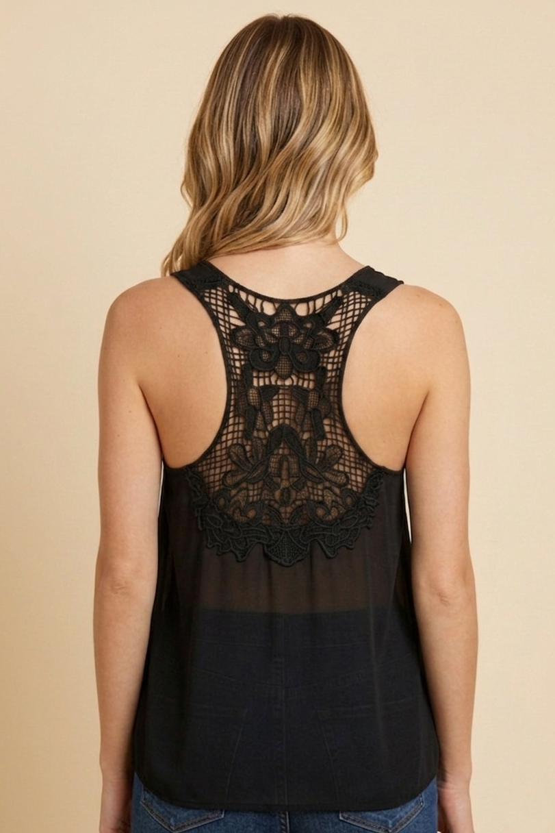 1025 Black Flowy Tank with Crochet Back Detail