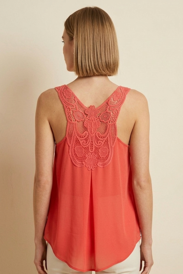 1025 Coral Flowy Tank with Crochet Back Detail