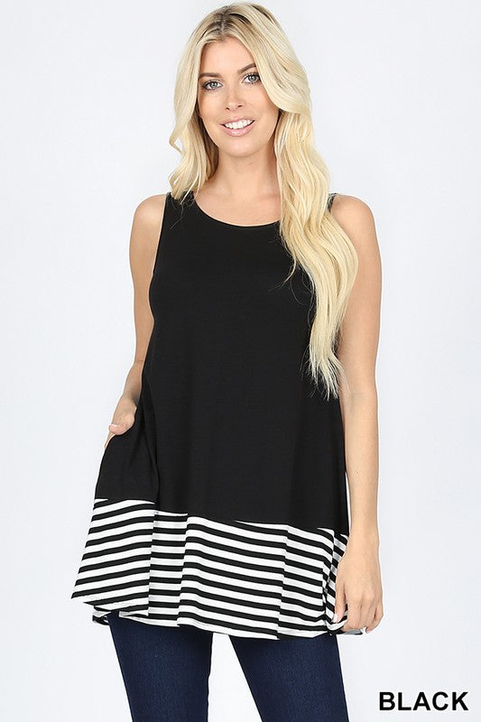 1734 Black Striped and Solid Contrast Sleeveless Top