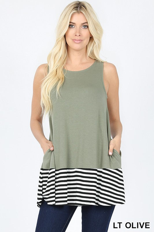 1734 Light Olive Striped and Solid Contrast Sleeveless Top