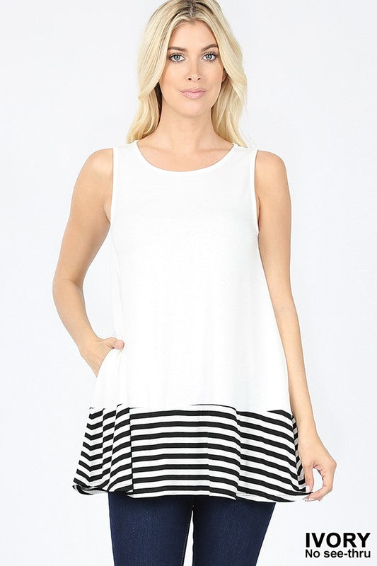 1734 Ivory Striped and Solid Contrast Sleeveless Top