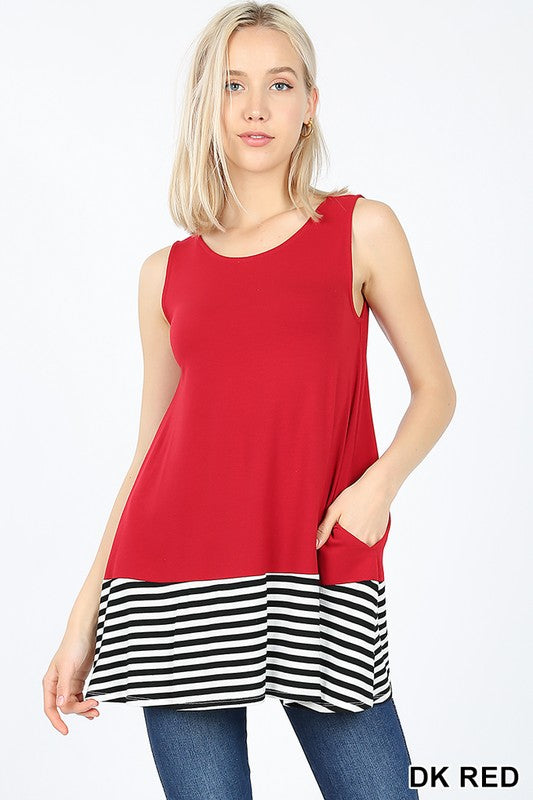 1734 Dark Red Striped and Solid Contrast Sleeveless Top