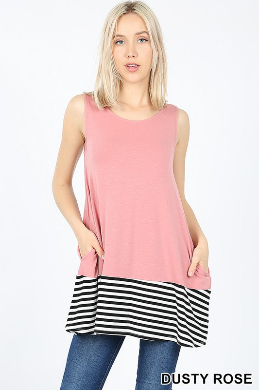 1734 Dusty Rose Striped and Solid Contrast Sleeveless Top