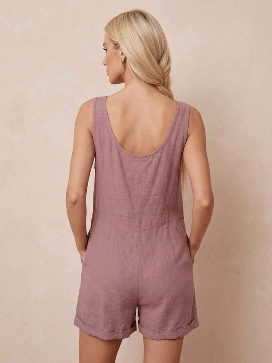 1033 Mauve Linen Romper with pockets