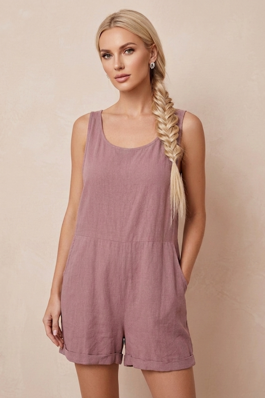 1033 Mauve Linen Romper with pockets