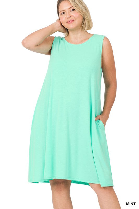 Style-9494 Mint Tank dress with side pocket Plus