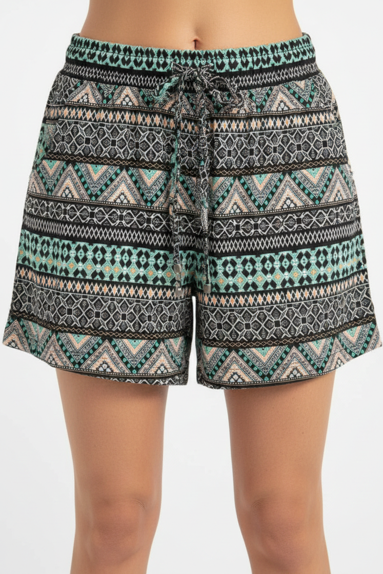 1579-10 Teal & Black Geometric Drawstring Shorts with pockets