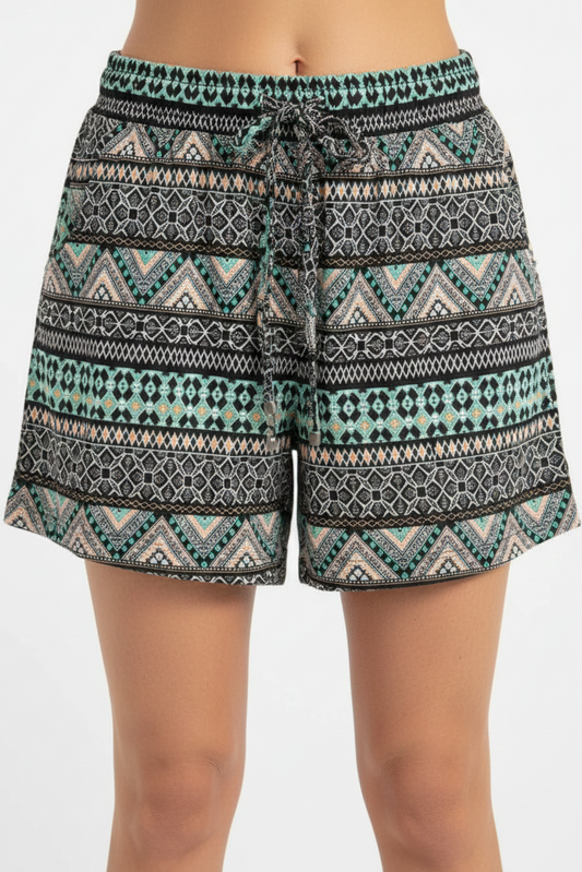 1579-10 Teal & Black Geometric Drawstring Shorts with pockets