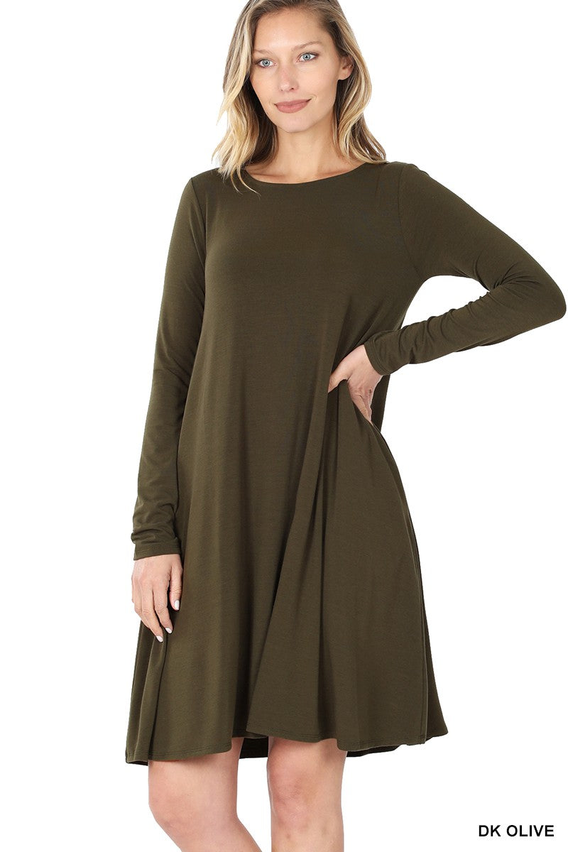 Style 9497 Dark Olive L/Sleeve Solid Tunic Dress With Side Pockets