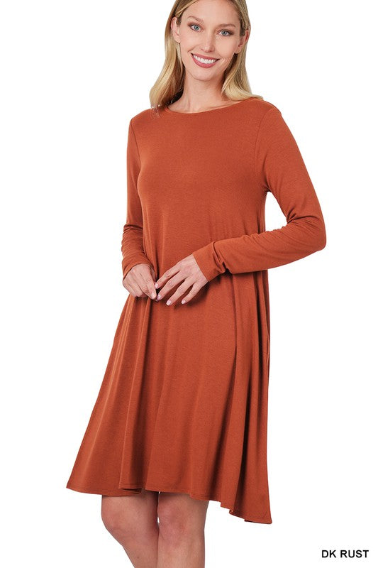 Style 9497 Dark Rust L/Sleeve Solid Tunic Dress With Side Pockets