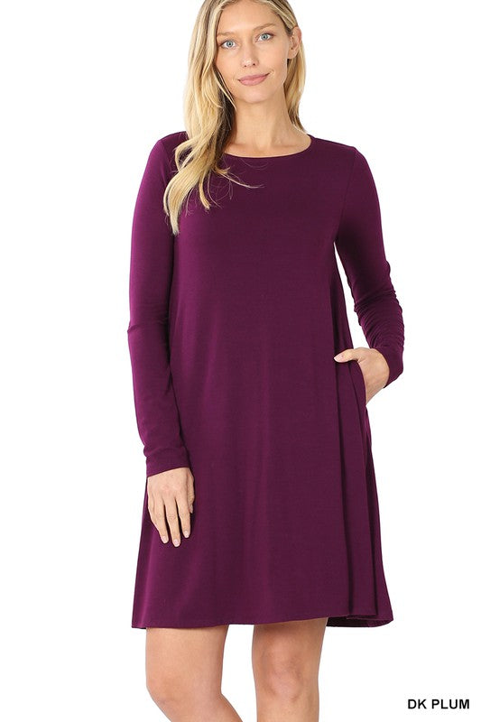 Style 9497 Dark Plum L/Sleeve Solid Tunic Dress With Side Pockets