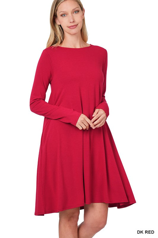 Style 9497 Dark Red L/Sleeve Solid Tunic Dress With Side Pockets