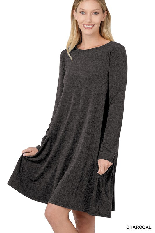 Style 9497 Charcoal L/Sleeve Solid Tunic Dress With Side Pockets