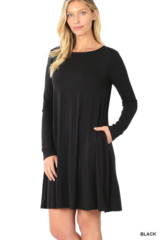 Style 9497 Black L/Sleeve Solid Tunic Dress With Side Pockets