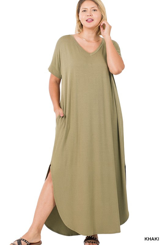 Style 7014 Light Olive Maxi Viscose Side Pocket Dress Plus