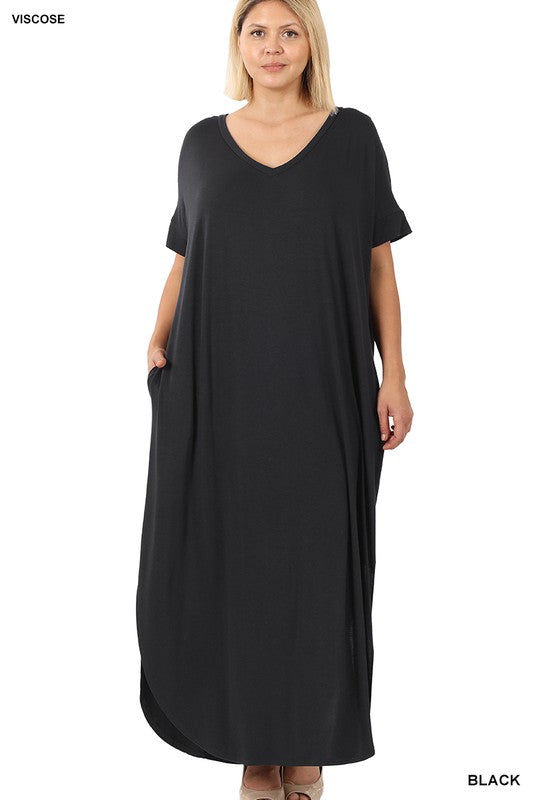 Style 7014 Black Maxi Viscose Side Pocket Dress Plus