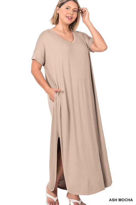 Style 7014 Ash Mocha Maxi Viscose Side Pocket Dress Plus