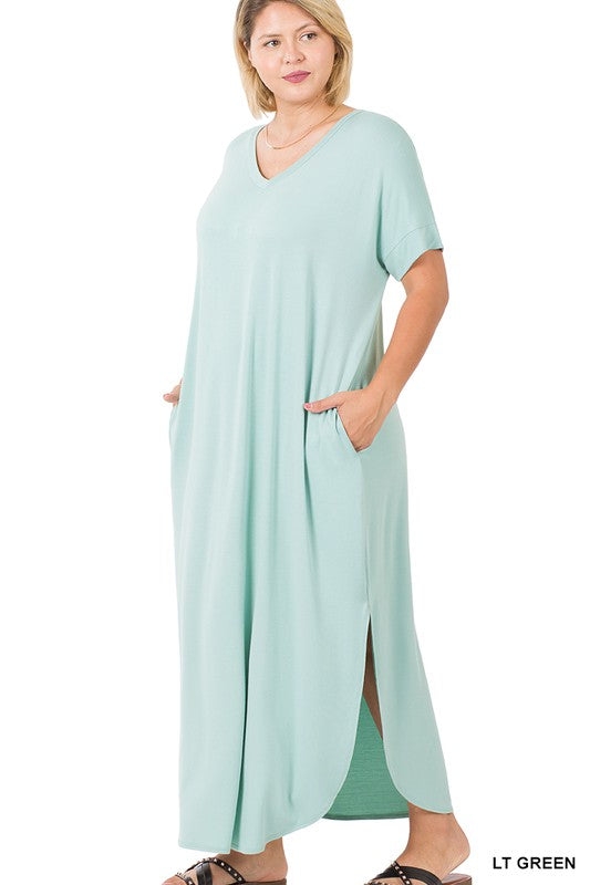 Style 7014 Maxi Lt Green Viscose Side Pocket Dress Plus