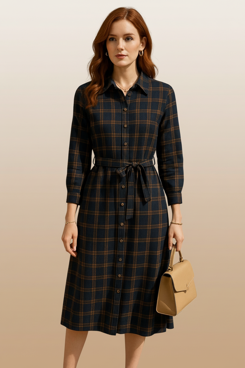 1179 Navy & Mustard Plaid Shirt Dress with Tie Waist
