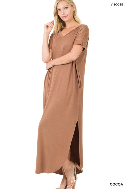 Style 7014 Cocoa Maxi Viscose Side Pocket Dress