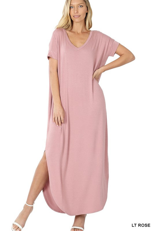 Style 7014 Lt Rose Maxi Viscose Side Pocket Dress