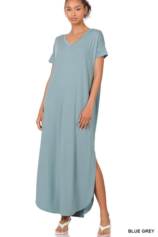 Style 7014 Sea Blue Maxi Viscose Side Pocket Dress