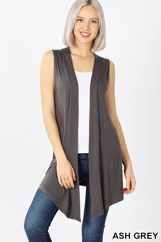 1438 Ash Grey Drapey Open Front Sleeveless Cardigan