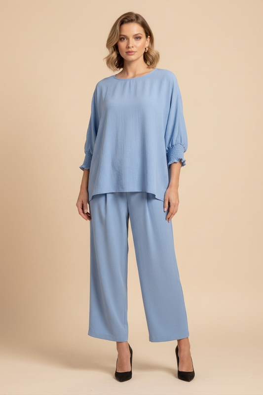 5547-S Sky Blue Smocked Sleeve Blouse and 1234 Pleated Trousers Two-Piece Set