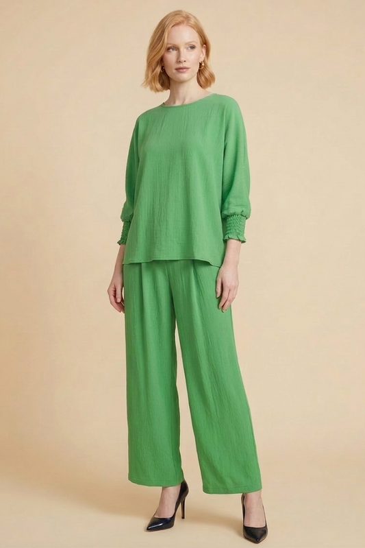 5547-S Vibrant Green Smocked Sleeve Blouse and 1234 Pleated Trousers Two-Piece Set