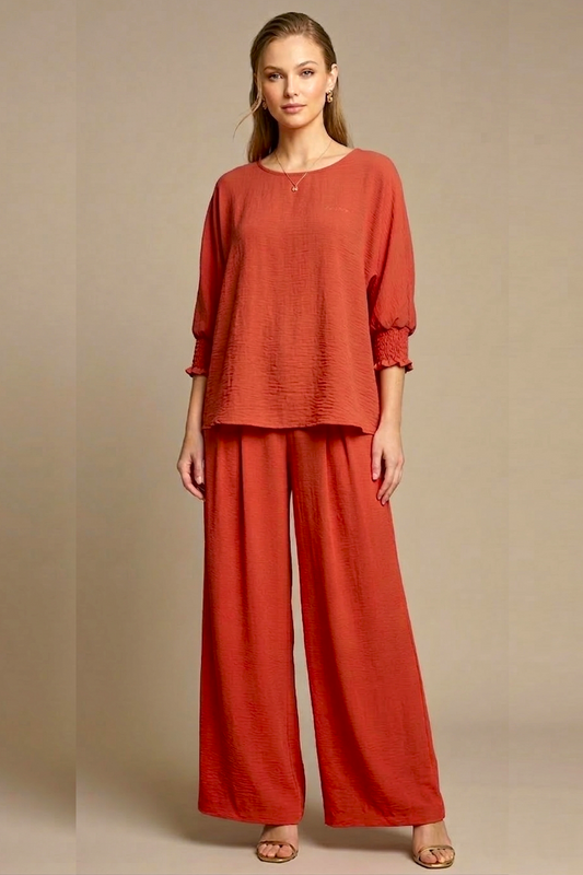 5547-S Deep Coral Smocked Sleeve Blouse and 6122 Pleated Trousers Two-Piece Set