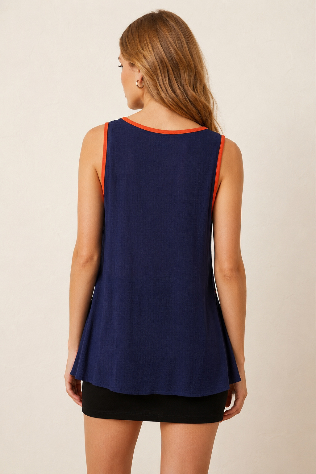 1268 Navy Blue Orange Crisscross Trim Sleeveless Top