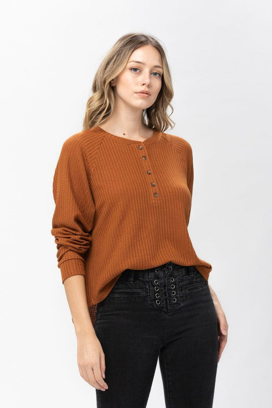 10517 CamelHalf Button Down Long Sleeve Top