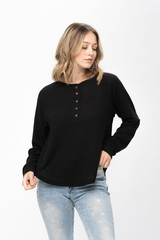 10517 Black Half Button Down Long Sleeve Top