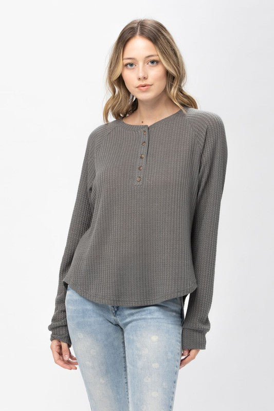 10517 Charcoal Half Button Down Long Sleeve Top