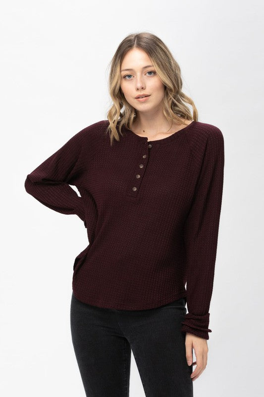 10517 Wine Half Button Down Long Sleeve Top