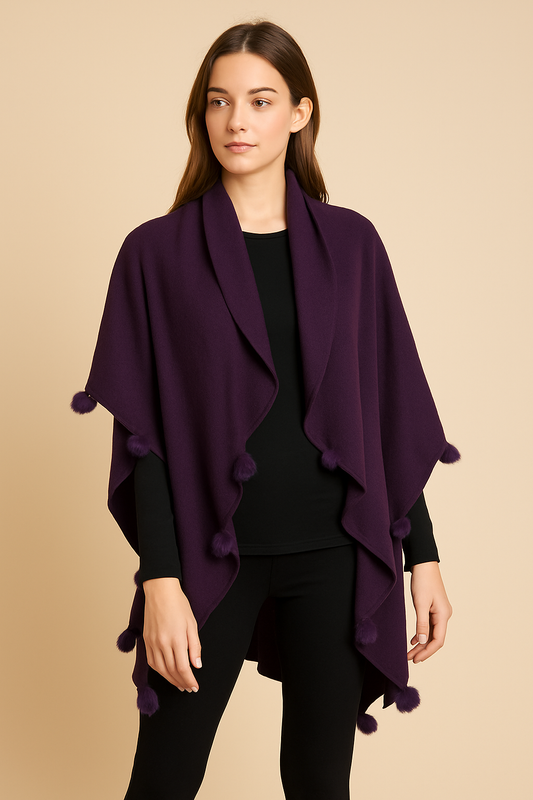 Style HY3713 Purple Pom Trim Wrap Shawl