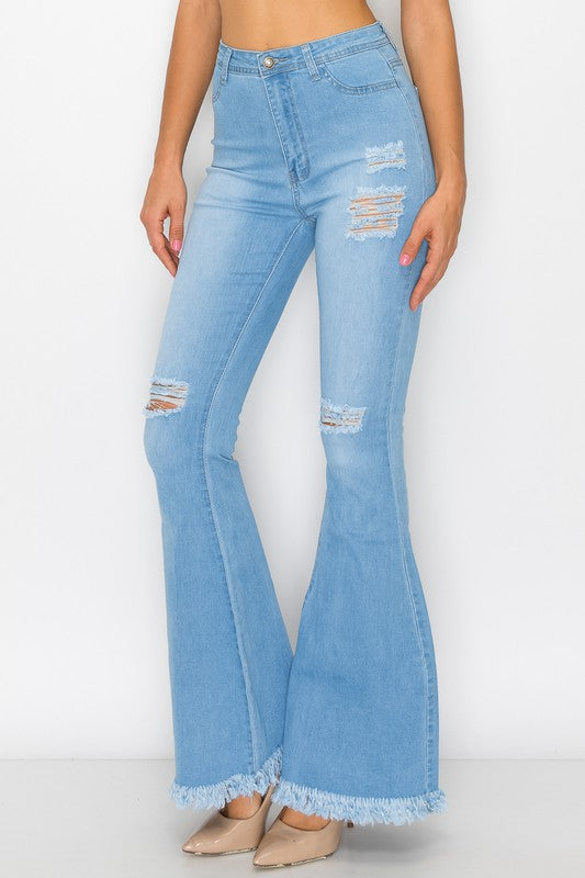 Style 011 Light Blue Bell Bottom Flared Distressed Jeans