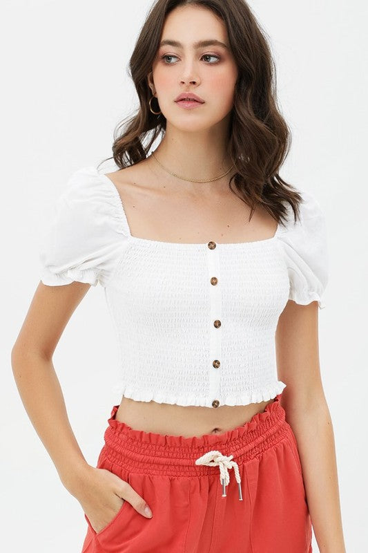 Style 2351 White Ruffled Button Short Sleeve Top