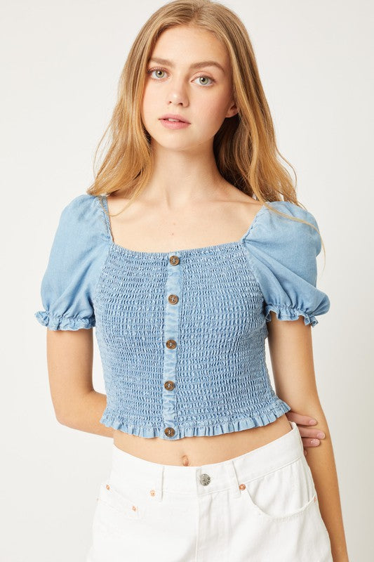 Style 2351 Blue Ruffled Button Short Sleeve Top