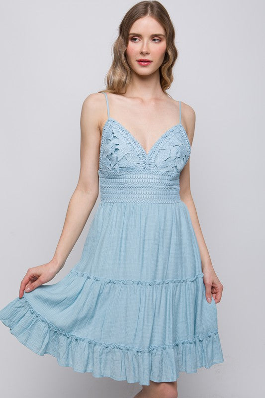 Style 4487 Sky Blue Lace Dress with Bow Back