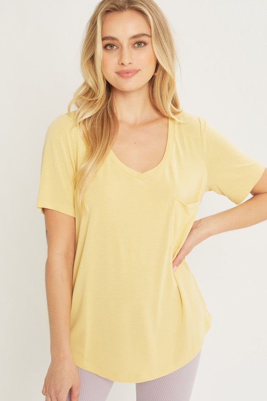 Style 2922 Yellow Modal Poly Pocket Front V Neck Jersey Top