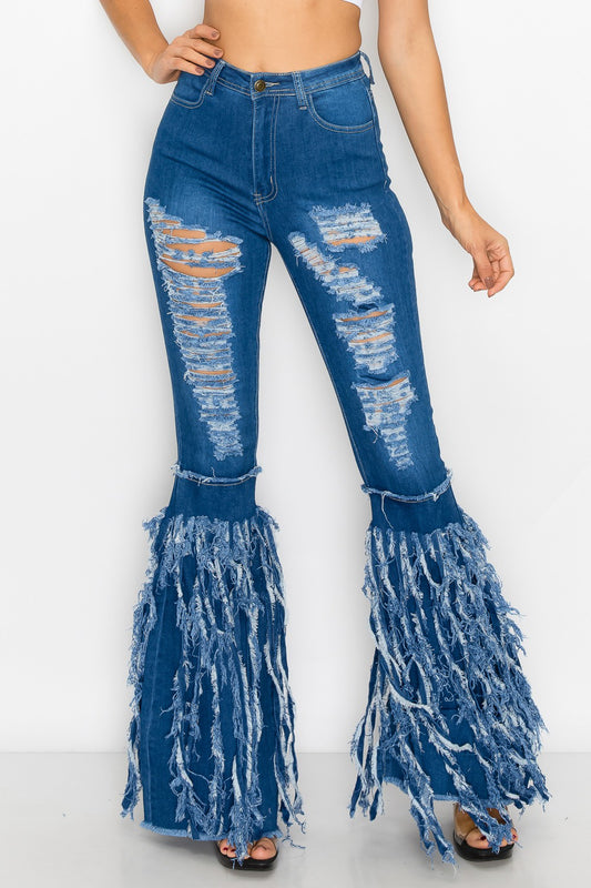 Style 041 Med Blue Bell Bottom Flared Distressed Jeans