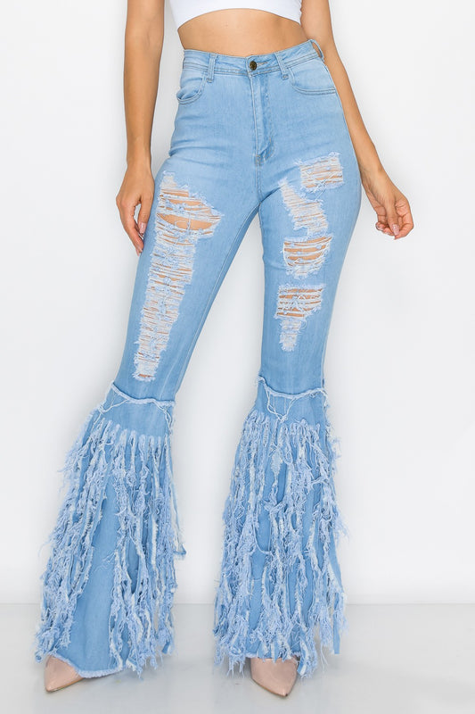 Style 040 Denim Bell Bottom Distressed Jeans