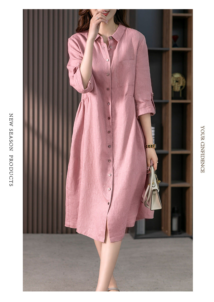 Style 107 Pink Linen Blend Button Down Dress . It does have buttons in the bottom back of the Dress