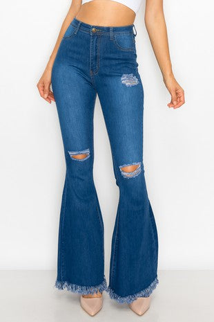 Style 013 Medium Blue Bell Bottom Flared Distressed Jeans